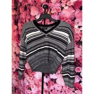 Marled Women’s Cropped Sweater S Black White Geometric V-Neck Knit Boho